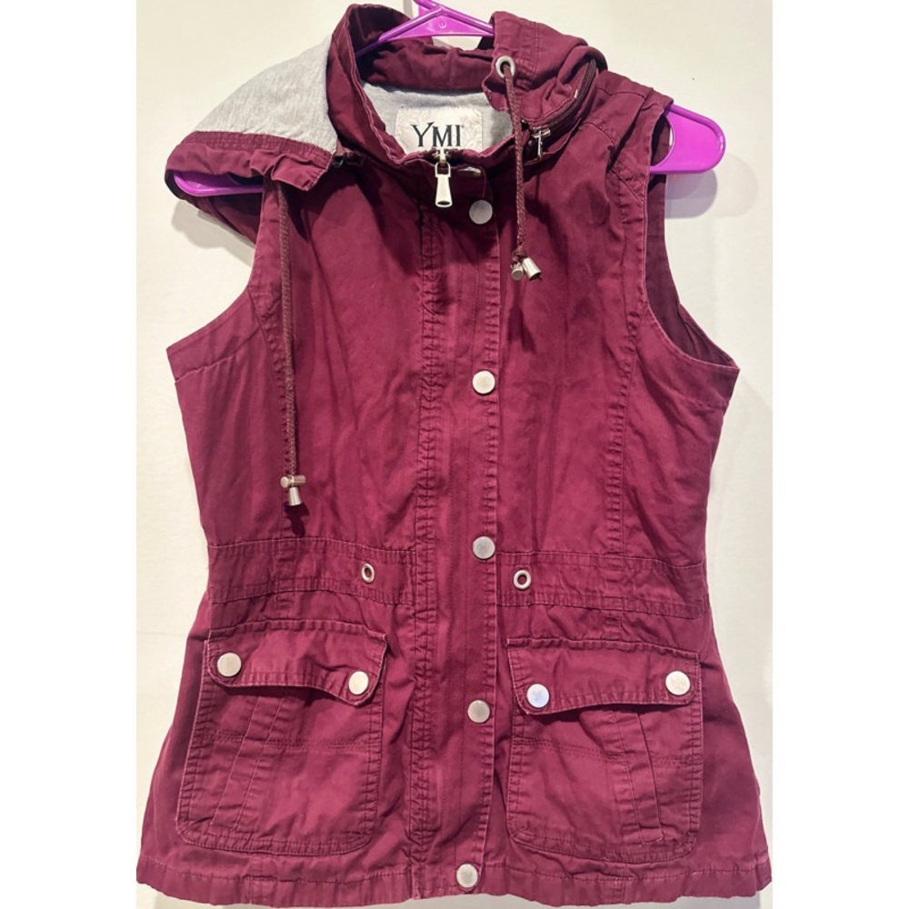 YMT Hooded Burgundy Zippered Buttoned Down Pocketed Vest